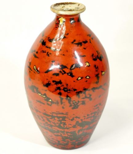 valuable! Showa Vintage Orne Sangyo Co., Ltd. Orne New Pottery Lacquer Vase Diameter 10 cm Height 19 cm A masterpiece with artistic lacquer art in red and black on pottery! MYK
