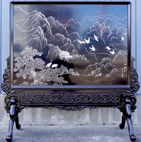 Vintage Korean traditional handicraft Yamamatsu temples and shrines Flying crane crest Fine mother-of-pearl black lacquer screen 162cm x 157cm Large work Recommended for inns and hotels Pick-up limited or Kanto area shipping at actual cost