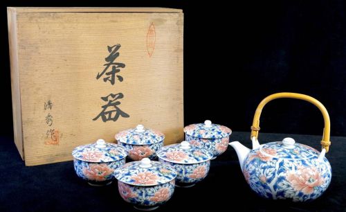 Sold out! Showa vintage Arita ware Kiyohide work Peony crest Sencha utensils teapot, tea cup with lid 5 customer set co-box unused dead stock INI