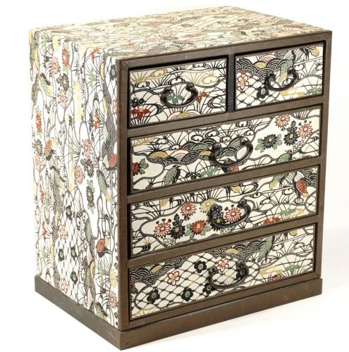 Showa Retro Taste Small Chest Japanese Paper 4 Tier 5 Tsubaki Width 28.5cm Depth 20cm Height 32.5cm Japanese patterns such as various flowers, birds, and Qinghai ripples are wonderful! HHTMore