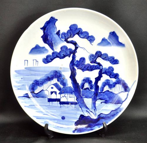 Special sale price! Period item Bakumatsu-Meiji period Decorative plate Koimari Sometsuke Landscape painting Large plate Shaku 2 plate Chipped Estate sale! (IKT)