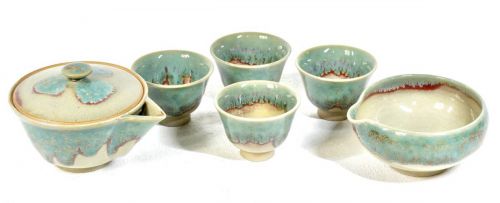 50% OFF! Aganoyaki Koshin kiln green blue glaze sencha utensil set Houhin teapot Yusamashi tea cup set of 4 The color of the glaze is beautiful! Estate Sale HKT