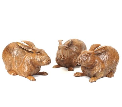 50% off! Vintage Ittobori Rabbit Statue Set of 3 Wooden Sculpture Figurine Hand Carved Art Although it is a repair mark, it is a nice object as a taste of time ATN