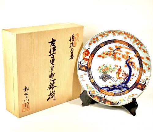 Showa Vintage Koimari Shakabuto Bowl Set by Matsuemon Gold Brocade Flower Crest Decorative Plate Diameter 29 cm Both Box Dyeing and the entire Flower Crest are Beautiful Unused Detstock HMK