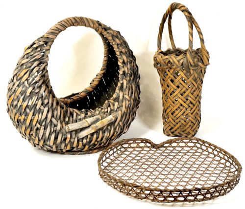 Meiji Era Bamboo Crafts Bamboo Basket Vase Flower Basket Traditional Craft Tsuki Bamboo Weave Flower Basket with Hands Draining Basket Width 33cm Estate Sale MYK