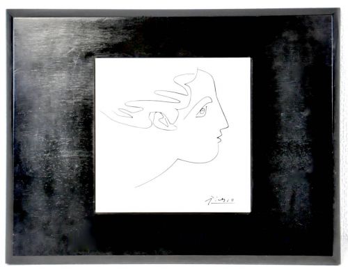 Sold out special price! Pablo Picasso "Man Line Art" Seei pottery made wall hanging ceramic board painting (black part is wooden) 33cm x 25cm Estate sale IJS