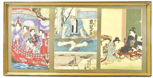 50% OFF Edo-Meiji period woodblock prints Ukiyo-e 3 pieces Utagawa Kunisada "Shirodayu Arashi Kanjuro" (middle) Yoshu Chikanobu "Spring color sumida flower" (left) Yoshu Chikanobu "Woman's ceremony sketch" KTU