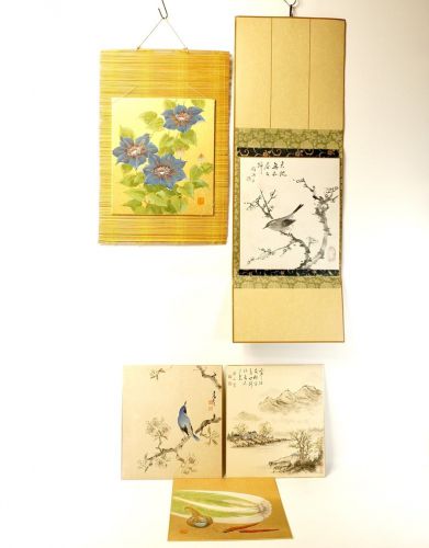 Sold out! Set of 5 pieces of colored paper and 2 pieces of colored paper hanger Signature product Ink/watercolor painting Tea utensils Flower and bird/vegetable/landscape painting Golden paper