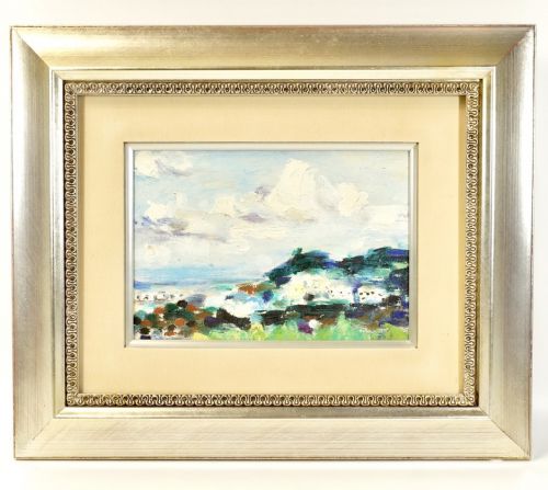 Sold out! Vintage oil painting SM size painting art seaside town landscape picture framed product width 41 cm height 35 cm estate sale HYK