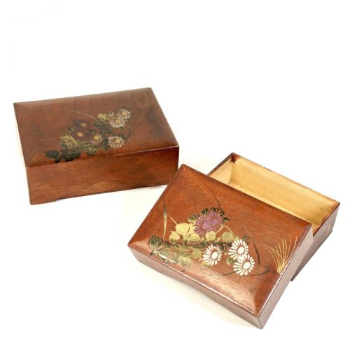 Sold out Japanese antique early Showa period Taste accessory case Cover lid type 2 pieces set Genuine gold colored picture flower crest Jewelry box Old folk tools The taste that new things do not have is wonderful MMT