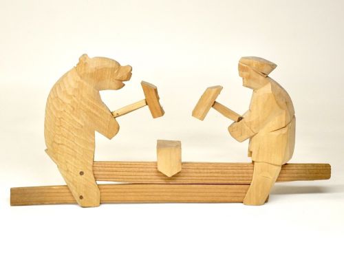 Russian Traditional Wooden Toys Bogorodskoe Toy Lumberjack and Bear Rattling Width 21cm Height 10cm Estate Sale MYK