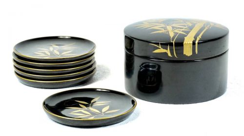 Sold Out! Showa Vintage Kyoto Zuhiko Maki-e Bamboo Crest Kumi Plate Motoki Lacquerware 6 Pieces Estate Sale ANS