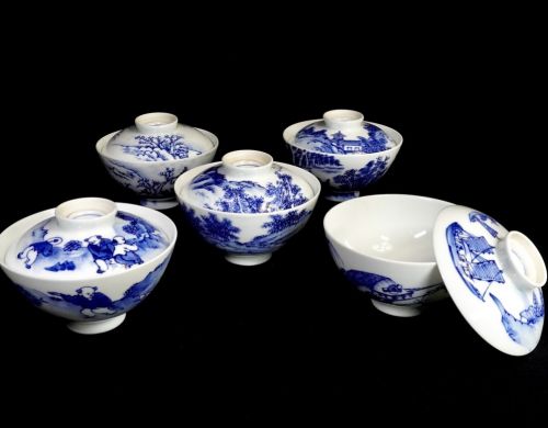 Early Showa period Kyo ware Naito Seikai Sometsuke scenery rice bowl with lid Rice tea tray 5 pieces Unused dead stock Shared box 5 pieces each with a different landscape MYK