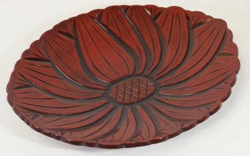 Showa vintage Kamakura carving Traditional craft Flower-shaped cake plate Oval plate Motoki lacquer art Width 26 cm Depth 20 cm Height 3 cm Estate sale KEK