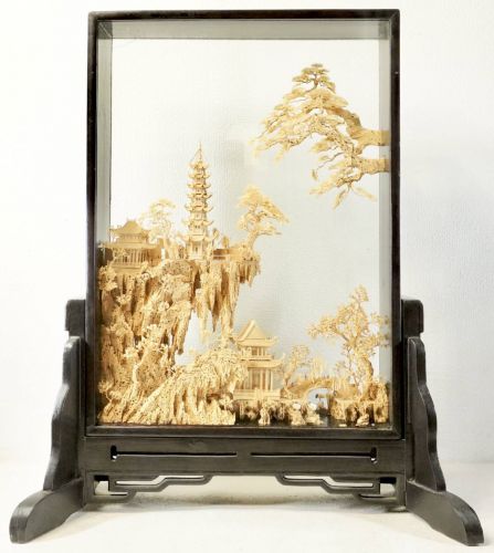 Sold Out! Chinese Antique Chinese Antique Art Rokaku Sansui Crane Crest Fine Sculpture Cork Work Karagidai Glass Case Height 60cm All Handmade Miniature Crafts KTU
