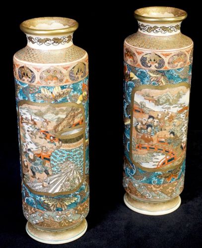 World-class Japanese art from the end of the Edo period to the Meiji period, Satsuma ware, overglaze brocade, hand window painting, detailed children's playful scenery, butterfly pattern decorated pair of decorative jars, transcendence miniature paint