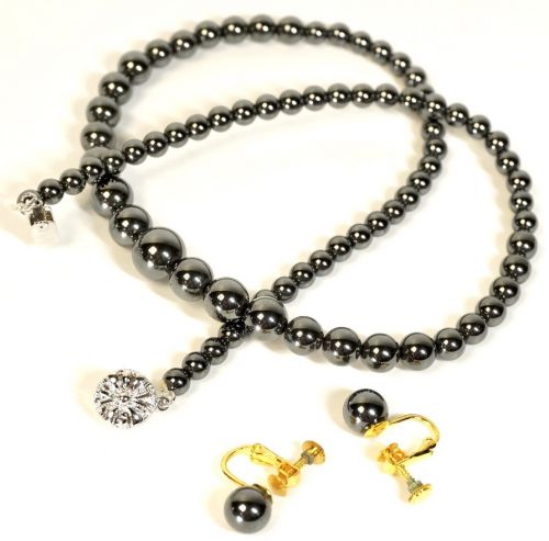 Showa vintage natural hematite necklace/earrings original box with quality assurance accessories 2 piece set total length 45cm IJS