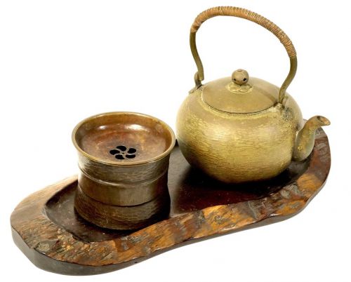 日本のアンティーク 時代物 煎茶器3点揃え 古銅製急須・茶こぼし・天然木茶盤 シャビーシックな味わい古道具 由緒ある旧家の蔵出し品 MYK