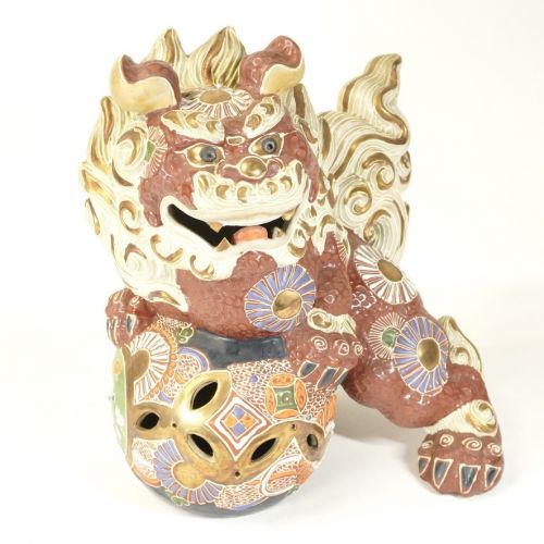 明治～大正期 日本のアンティーク 九谷焼 エナメル盛上技法 玉獅子像