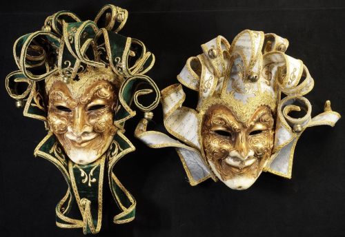 Authentic Italian Burano Island Venetian Mask Masquera Jolly Full Mask White/Green 2-Piece Set Mask/Object (Left) Width 33cm Height 48cm MNK