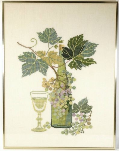 Vintage cross stitch embroidery handmade wine, grapes, wine bottle finished product framed product wall hanging width 39.5 cm height 51.5 cm Scandinavian style TSM