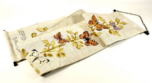 Vintage cross stitch embroidery "LEPIDOPTERA DANICA" flowers and butterflies handmade tapestry wall hanging width 39.5 cm height 51.5 cm TSM