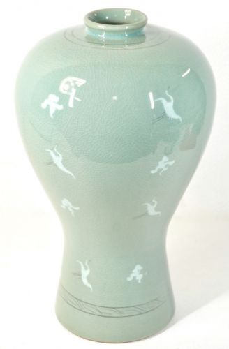 Selling Special Price! Period Goryeo Celadon Made by Kim Mogeon Flying Crane Inlaid Celadon Vase Height 31cm Joint Box Estate Sale KNA
