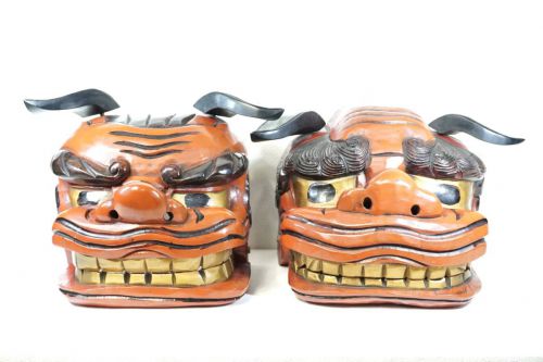 30% OFF! Early Showa period Vermilion lacquer paired lion head Lion dance Utsu Gonkuro Itto carving One shaku size A wonderful gem that is overwhelmed by the real style! KTU