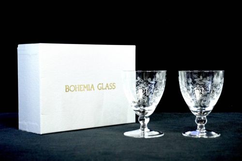 Sold Out! Vintage Czechoslovakia Bohemia Crystal Glass Hand Cut Goblet 2 Customer Set Unused Dead Stock KTU