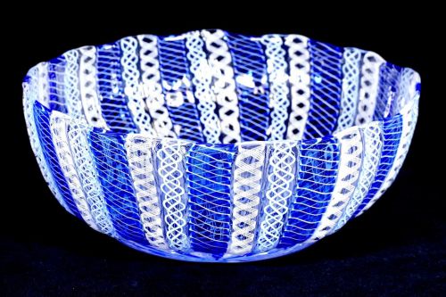 50% off! Made in Italy Venetian glass Murano glass Ratticino white & blue bowl AYS
