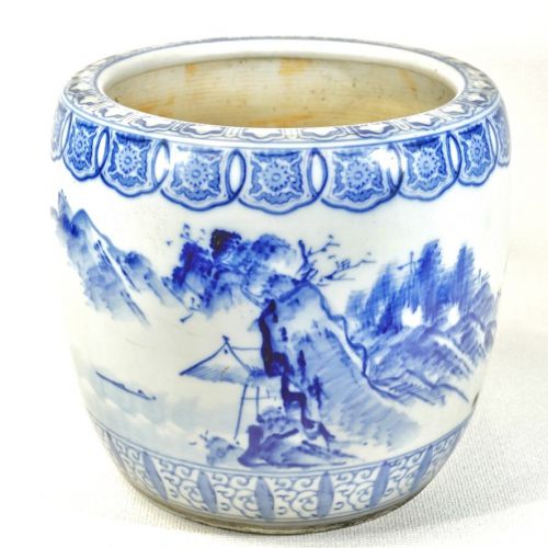 50% OFF! Early Showa period Seto ware dyed Sansui crest stamp hand brazier 29 cm in diameter Plant pot, water pot, medaka pot Active as a chic wine cooler in modern times! ATN