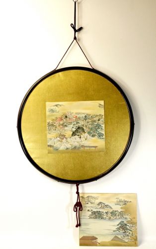 1959 Kyoto Shoseien landscape colored paper 2 pieces Round colored paper frame A gem with a detailed landscape map and a gorgeous frame! Estate Sale MYK