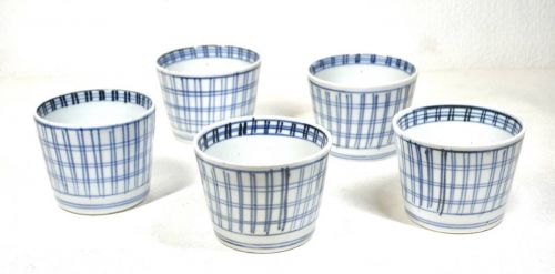 50% off! Late Edo period Imari ware Koimari vertical lattice crest soba cup 5 customers assortment Japanese taste antique! Estate Sale OKT