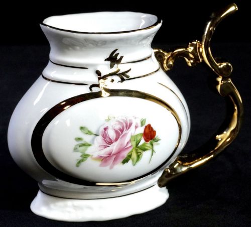 50% off! Vintage Czechoslovakia Bohemian Pottery Porcelain Window Picture Pink Rose Flower Base Gold Handle Estate Sale AYS