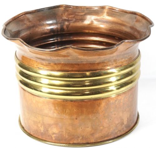 50％OFF！　ビンテージ　イタリア製　 ハンドメイドラウンドフラワーポットカバー 真鍮・銅製植物鉢カバー　直径33.5㎝　高さ23㎝　ATN