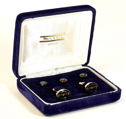 Showa Vintage SOCIAL KINDWEAR Onyx Cufflinks and Studs Buttons 2-Piece Set Chic and luxurious! IJS
