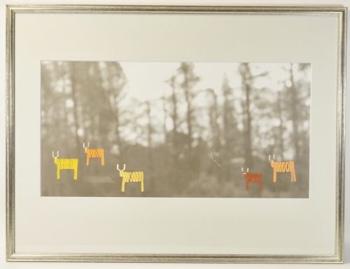 ビンテージ　フォトアート　 額装品　幅63㎝　高さ47.5㎝ 霞んだ森の風景、俯く女性、動物の折り紙を 組み合わせた独創的な逸品！ MNK
