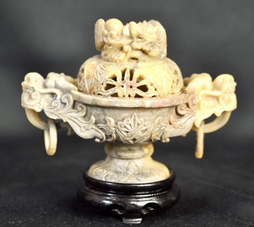 Sold out! Chinese antique Chinese antique art Jade Natural stone incense burner Dragon binaural taste (* missing) Estate sale! (IKT)