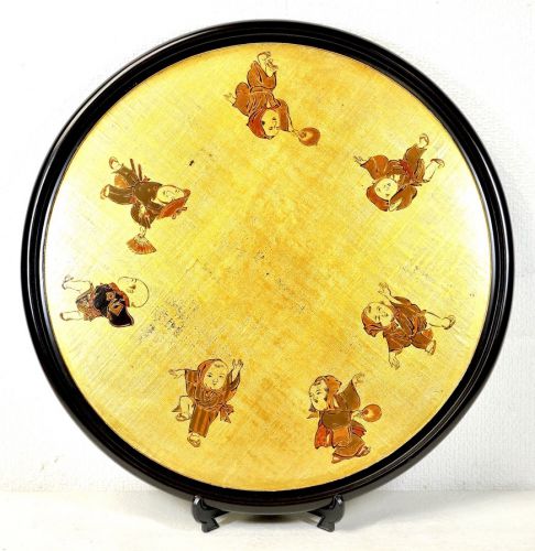 50% off! Period item Decorative plate with golden cloth eyes Round tray Motoki lacquer art Diameter 38cm Ukiyo-e children's play Artist's tasteful hand-drawn pictures are wonderful! OKT