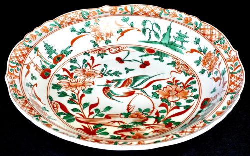 50% off! Showa vintage Kyoto Tachikichi red picture flower and bird crest large plate diameter 31.5 cm! Estate sale with original box NMN