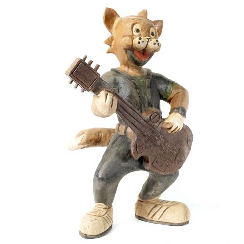 50％OFF！　ヨーロッパビンテージ　ギターを演奏する犬　 手作り感たっぷりな木製彫刻像　一刀彫置物　 幅36㎝　奥行き20㎝　高さ53㎝ ATN