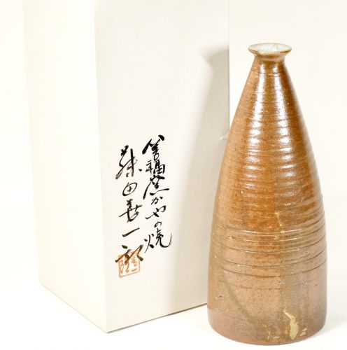 Rare Showa vintage Zenpuku kiln Kayano ware Zenichiro Fujita "Iron glaze kiln strange boat type flower vase" Diameter 12 cm Height 22 cm