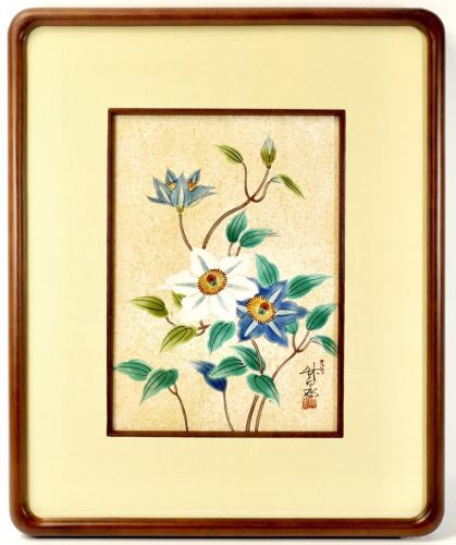 Kutani ware by Chikusen Yamazaki, gold colored iron wire ceramic plate, ceramic plaque, size 2, framed item, width 34 cm, height 41 cm, estate sale HYK