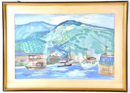Sold out special price! Showa vintage YOKOBORI work Watercolor landscape painting No. 10 size A work that depicts the scenery of the dock with sensibility and softness! Estate Sale TYF