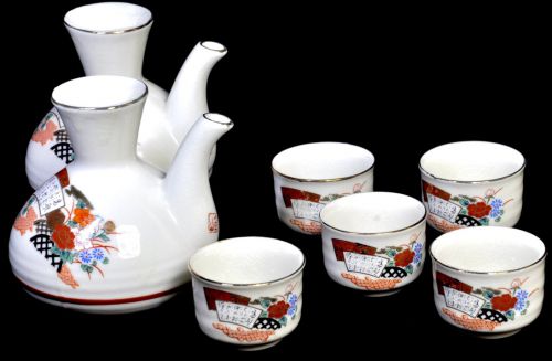 Sold out special price! Showa vintage Kutani ware Kanayama kiln flower fan surface pattern sake set 2 sake cups, 5 sake cups estate sale TYF