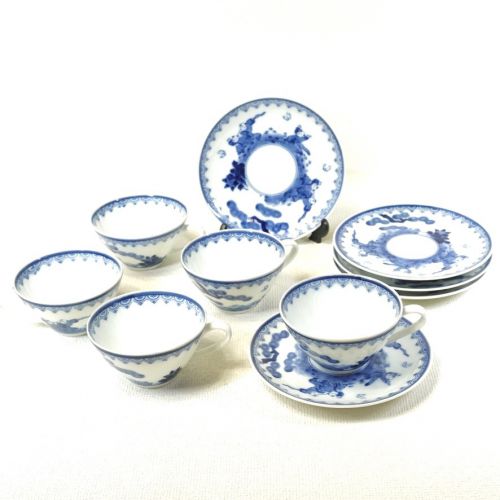 50% off! Showa Vintage Cup & Saucer, Dyeing Tsukee Karako Playing Scenery, 5 customers, Beautiful dyeing and lightweight small shape are wonderful! ATN