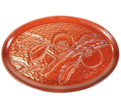 Showa vintage Kamakura carving Persimmon crest oval tray Motoki lacquer art "Hirano" Inscription Width 42 cm Depth 27 cm Height 2.5 cm A sculpture that beautifully expresses persimmons! SHM