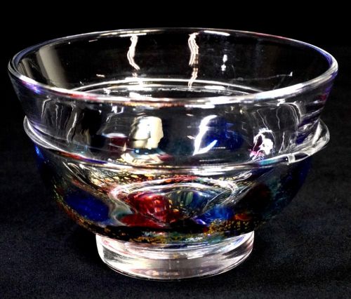 Vintage Handmade Colored Glass Bowl, Blown Glass, Gold Leaf, Bubbles, Diameter 11.5cm, Height 7cm, Red, Blue, Green and Gold Foil Weave Exquisite Colors NNM