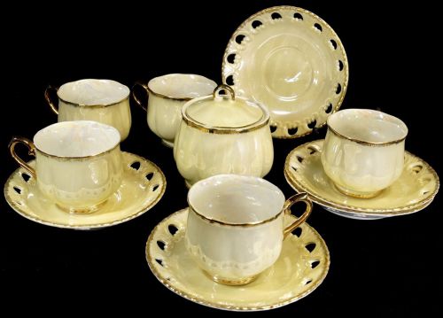 Taisho Roman - early Showa era domestic vintage ceramics Japanese antique luster color green cup & saucer 5 customer sugar pot watermark pattern KEK
