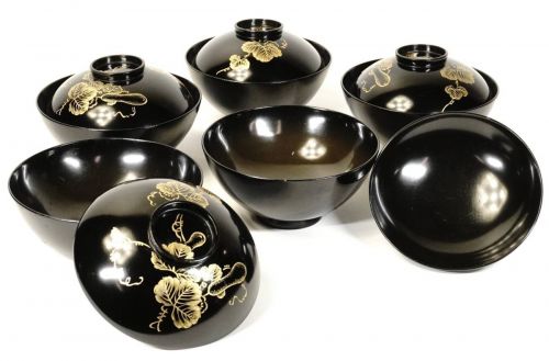 Showa vintage Wajima-nuri Chinkin cucumber crest black lacquer bowl with lid 5 customer lineup Motoki lacquerware Well-used texture Rice and soup bowls Japanese tableware Diameter 12.5 cm X height 8 cm TSM